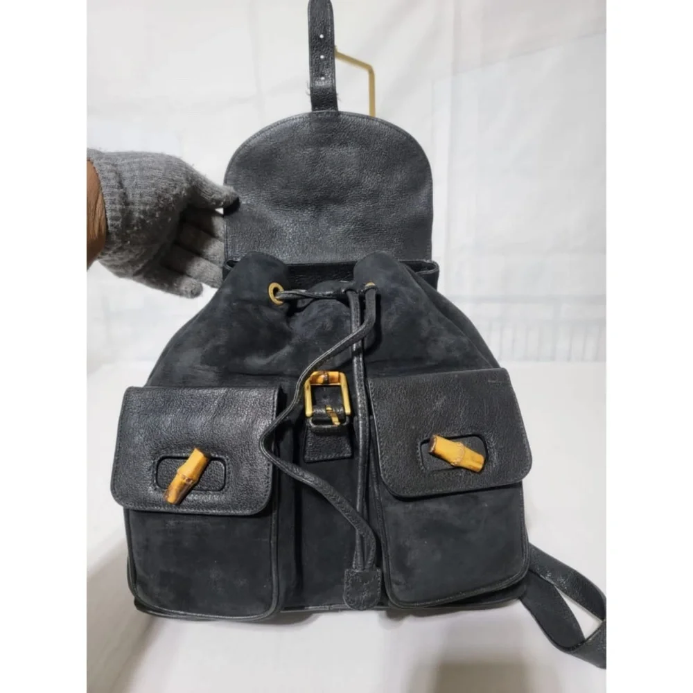 Authentic Gucci Vintage Suede & Leather Bamboo Backpack Black